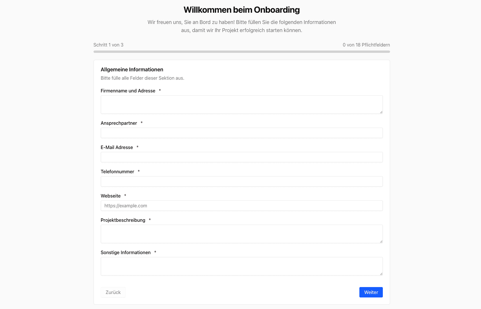 Kunde füllt Projekt-Infos aus