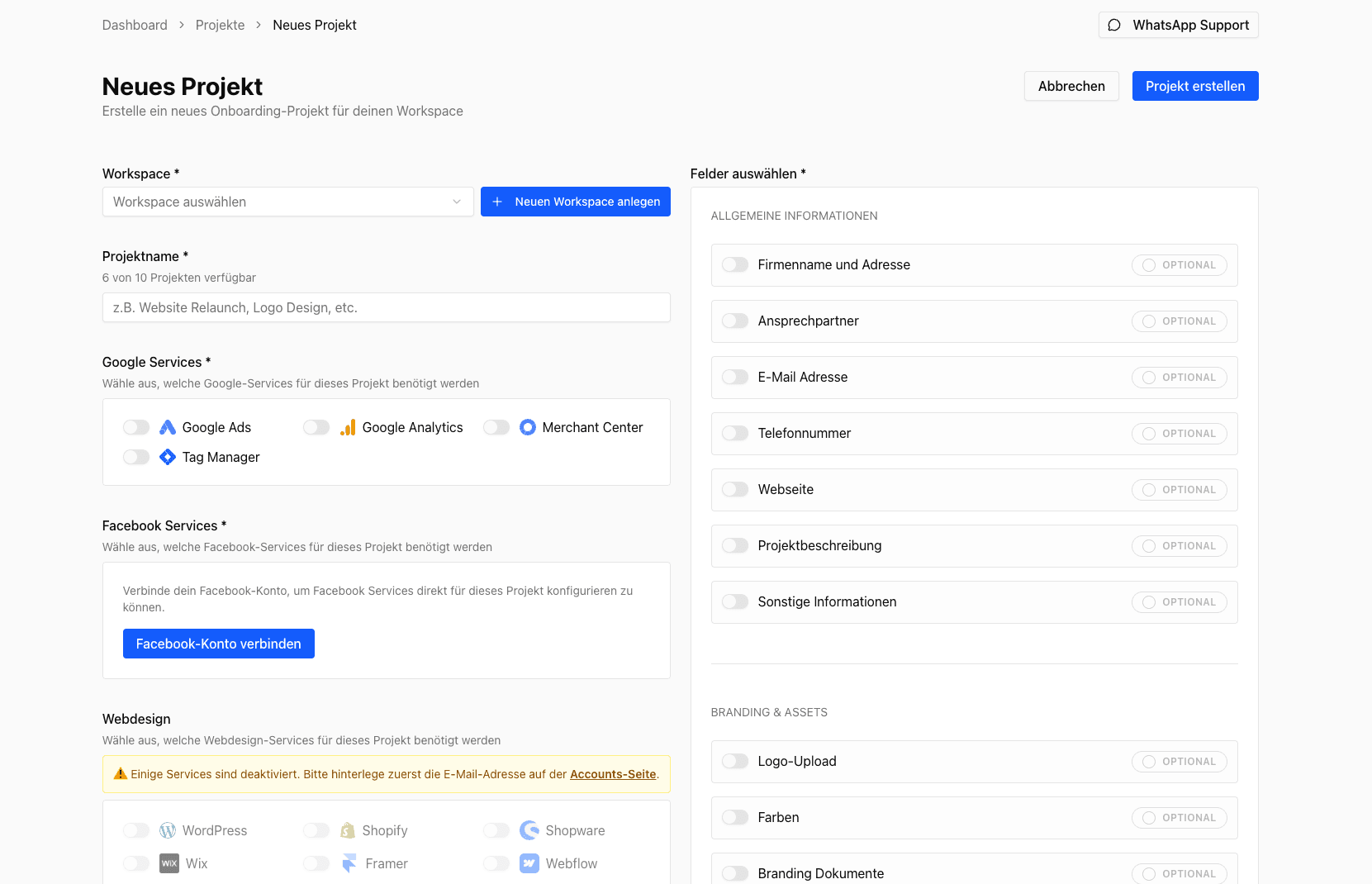 Wähle deine Projekt-Infos